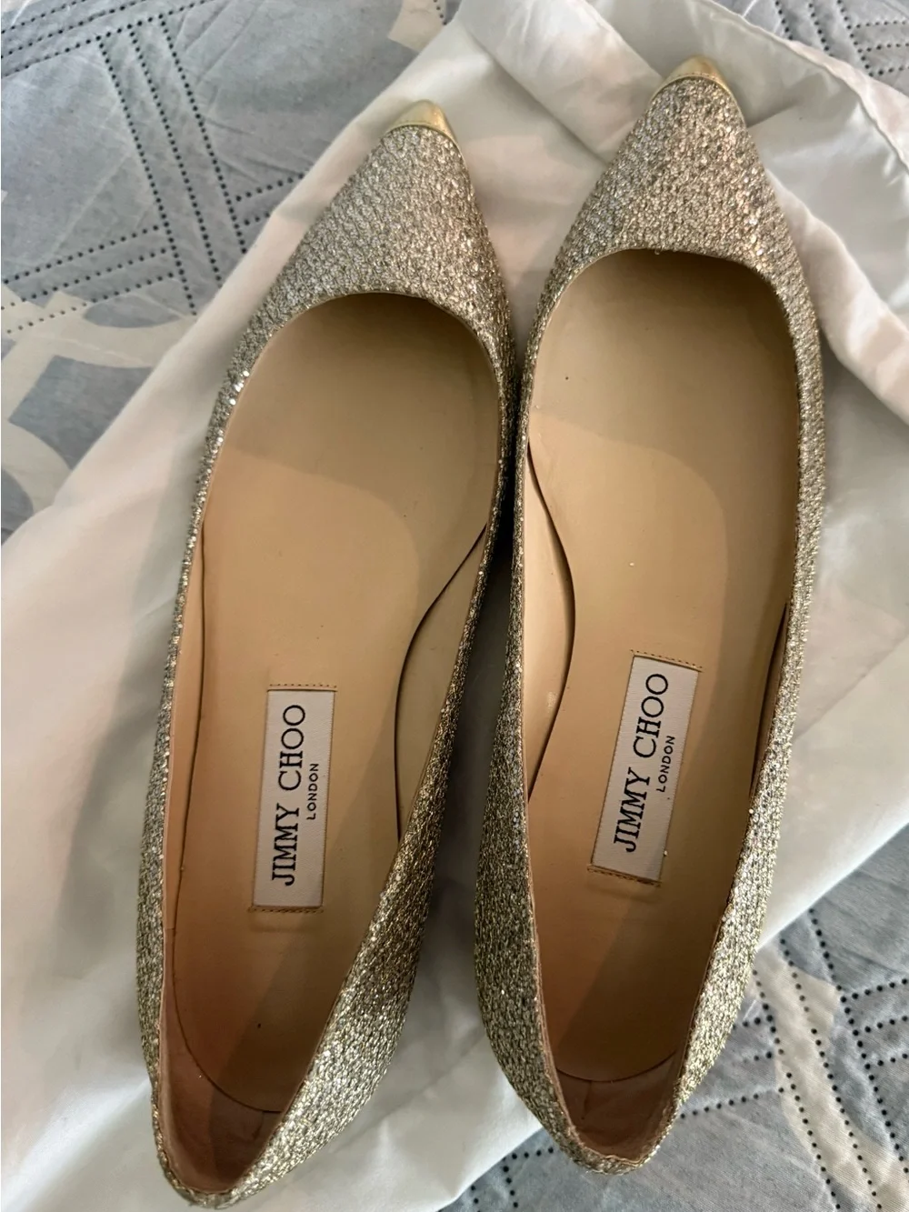 Jimmy Choo Gold Glitter Pointed Toe Flats - Picture 3 of 4